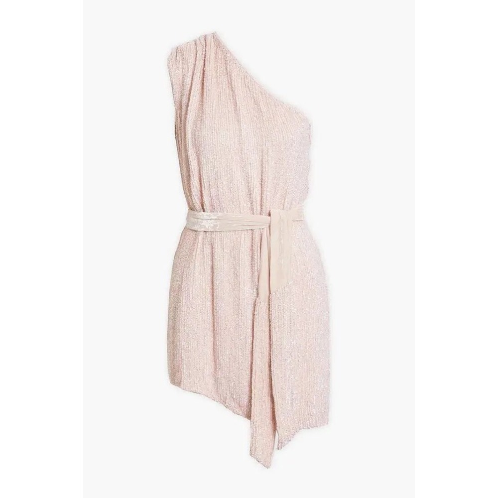Retrofete Ella Sequin Mini Dress Blush Pink One Shoulder Belted size Small
